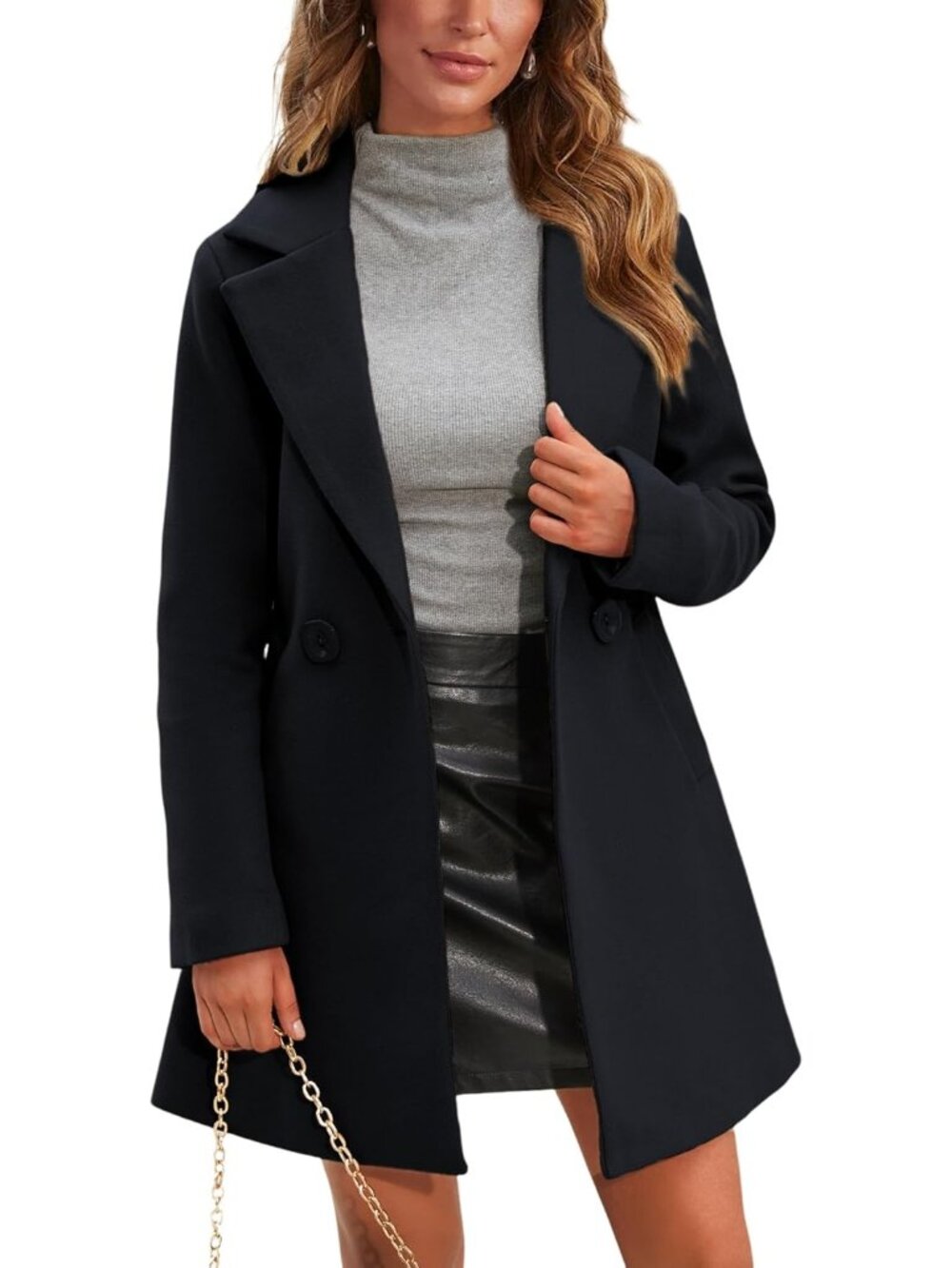 Women Black Notch Collar Long Sleeve Pockets Double Breasted Causal Trench Coat